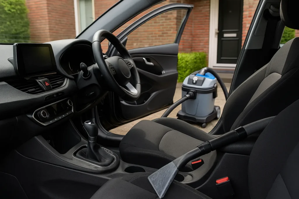 Professionele dieptereiniging van auto-interieur op locatie met speciale apparatuur