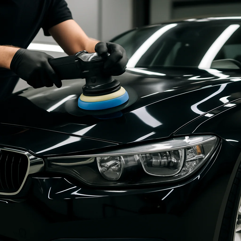 Detailer polijst een zwarte auto met een poetsmachine.