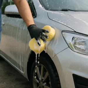 Autolak handwassen met gele spons en handschoen; sop loopt langs zilveren spatbord.