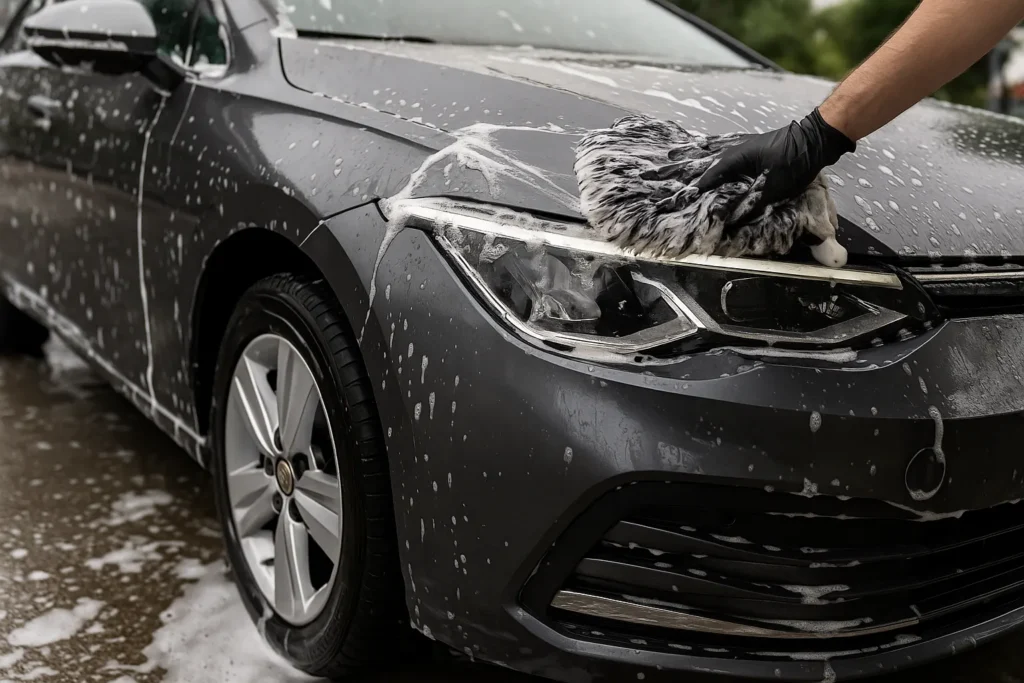 Auto wordt handmatig gewassen met een washandschoen vol schuim, close-up van de koplamp en motorkap.