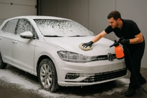 Detailer wast een witte hatchback met pre-wash schuim en washandschoen in een professionele wasruimte.
