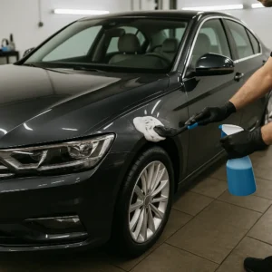 Donkergrijze sedan wordt professioneel gereinigd en gepolijst in een detailing garage.