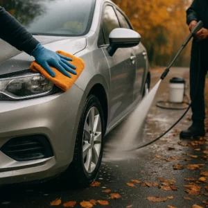Auto wordt in de herfst professioneel gereinigd met microvezeldoek en hogedrukreiniger.