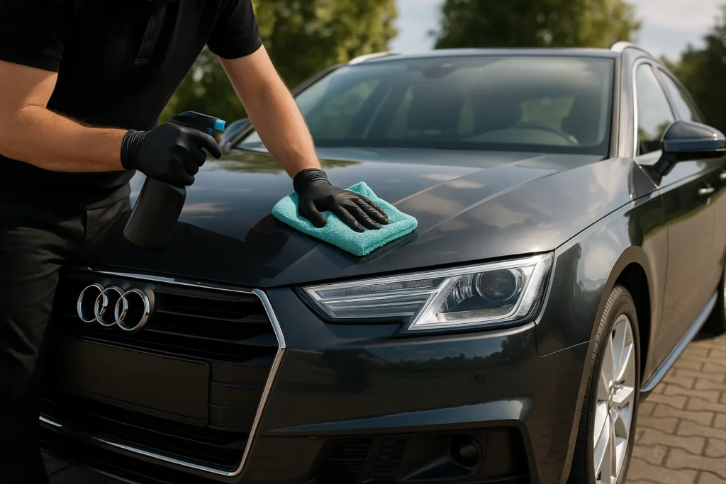 Auto detailer reinigt en beschermt een auto op locatie met professionele middelen.