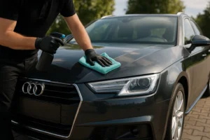 Auto detailer reinigt en beschermt een auto op locatie met professionele middelen.