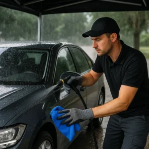 Mobiele autopoets onder regendouche met canopy – detailer maakt auto schoon tijdens wisselvallig weer.