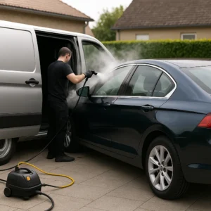 Mobiele autopoetser die een auto met stoom reinigt naast een bestelbus