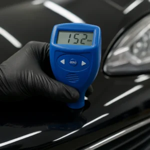 Detailer meet lakdikte met blauwe lakdieptemeter op zwarte auto in werkplaats