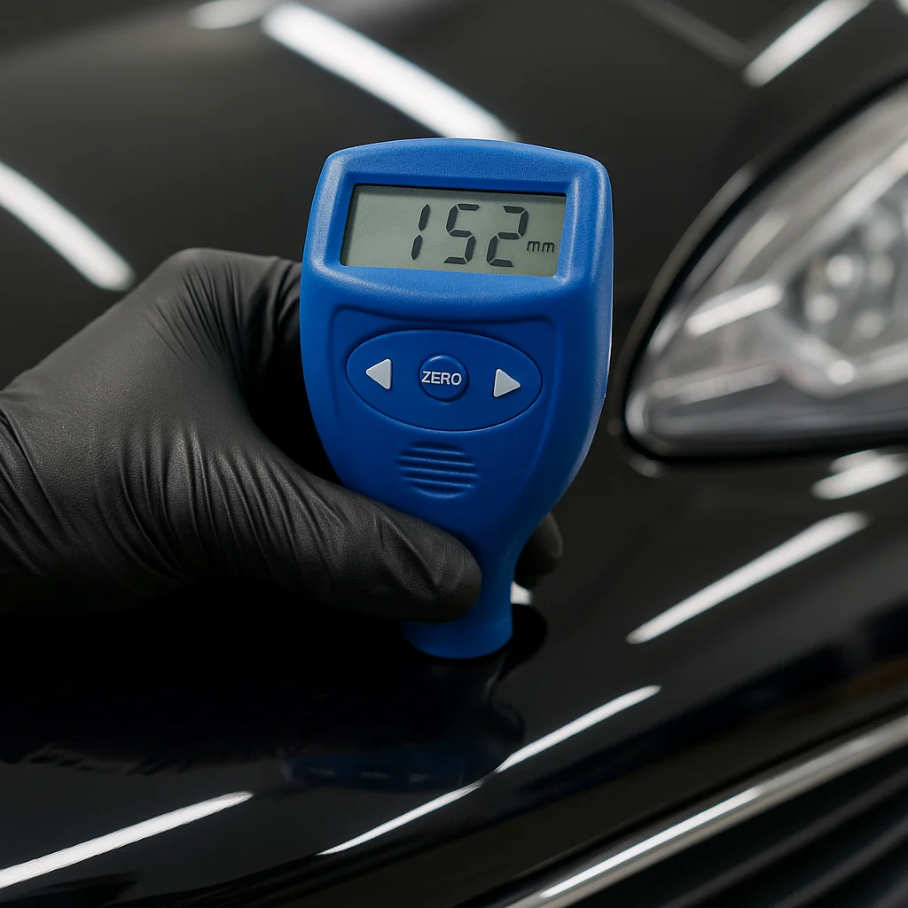 Detailer meet lakdikte met blauwe lakdieptemeter op zwarte auto in werkplaats