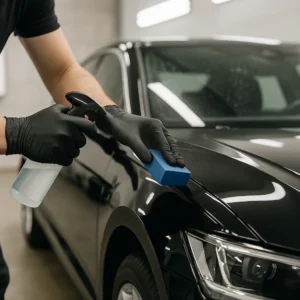 Autopoetsbedrijf detailer polijst zorgvuldig de lak van een auto met handschoenen en microvezeldoek.