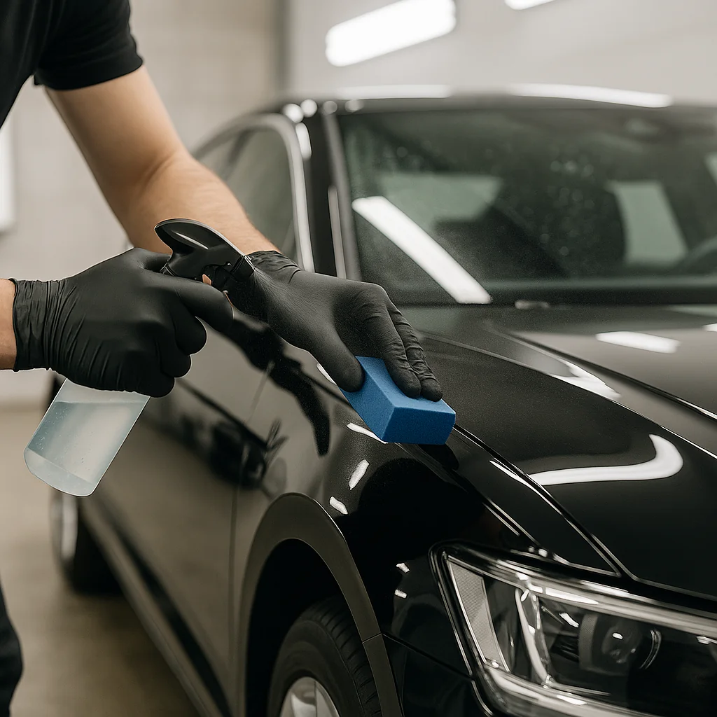 Autopoetsbedrijf detailer polijst zorgvuldig de lak van een auto met handschoenen en microvezeldoek.