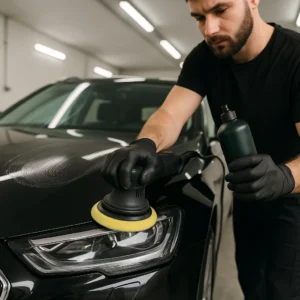 Autopoetser gebruikt polijstmachine op zwarte auto in garage.