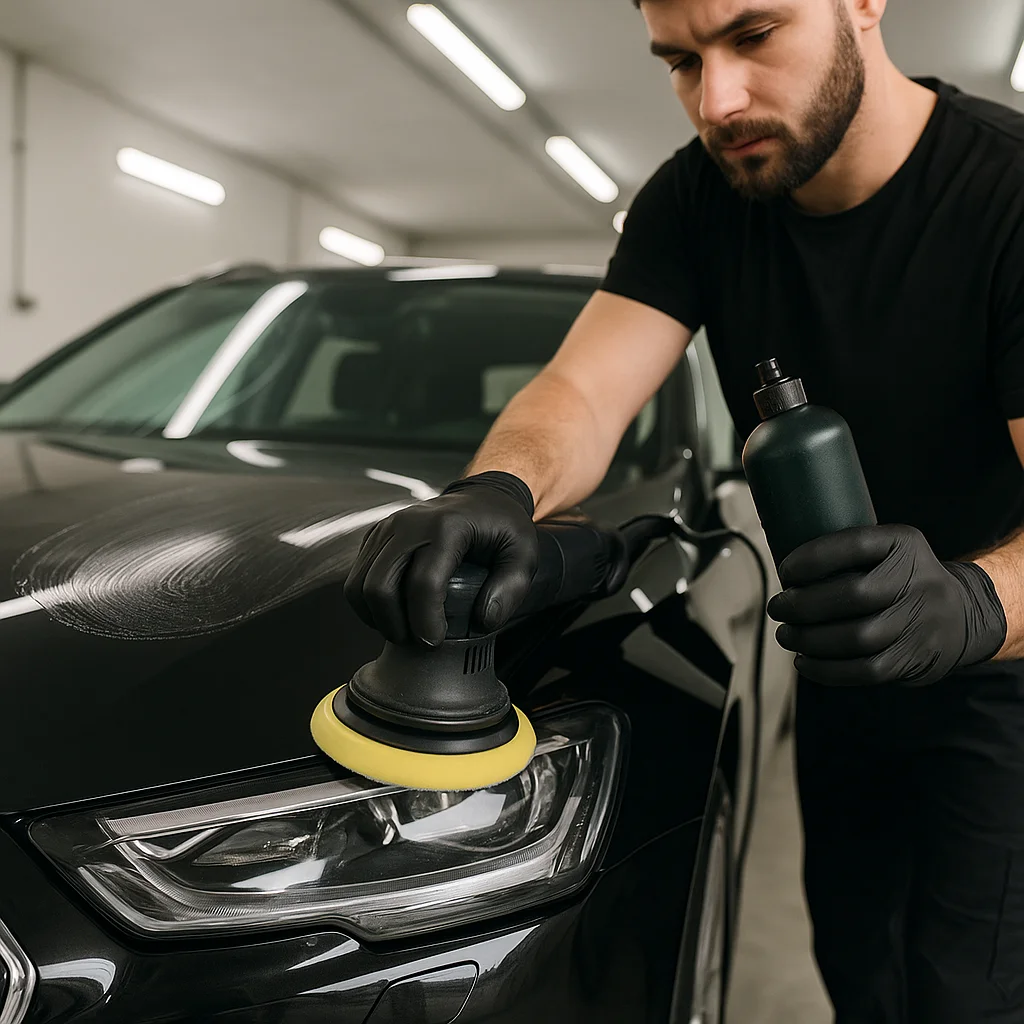 Autopoetser gebruikt polijstmachine op zwarte auto in garage.