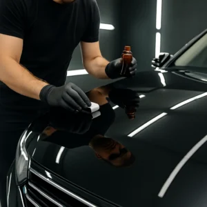 Detailer brengt nano-coating aan op zwarte autolak met applicator en flesje.