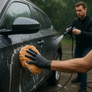 Auto wordt gewassen in de regen met schuim en microvezeldoek