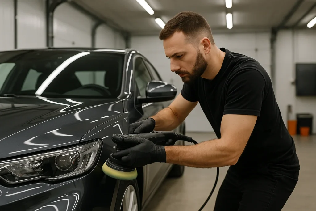 Autopoetser polijst een auto met een professionele machine in een garage