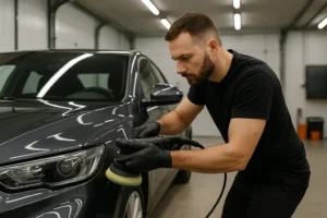 Autopoetser polijst een auto met een professionele machine in een garage