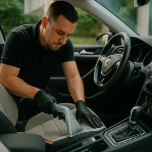 Professional reinigt autostoel met stoomreiniger tijdens interieurreiniging op locatie