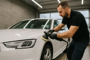 Autopoetser polijst zwarte sedan met polijstmachine in professionele detailinggarage