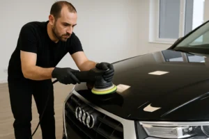 Autopoetser polijst een zwarte auto met een professionele machine in een moderne garage.
