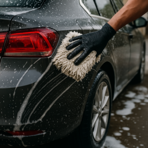 Autodetailer wast achterzijde van grijze auto met microvezel wash mitt en zwarte handschoenen.