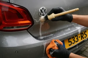 Reiniging van VW-embleem en achterklep met zachte kwast en microvezeldoek.
