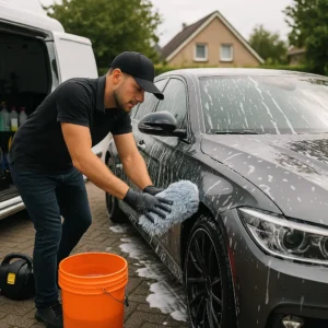 Autopoetser wast een grijze auto met microvezelhandschoen tijdens mobiele handwas.