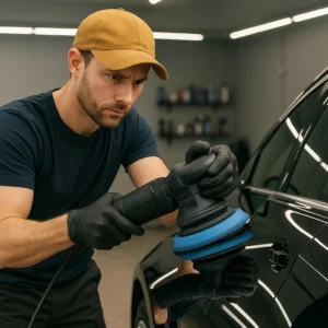 Autopoetsbedrijf polijst een zwarte auto met excenter polisher in een goed verlichte werkplaats.