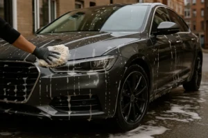 Luxe grijze auto wordt professioneel met schuim gereinigd in een stedelijke straat in Amsterdam.