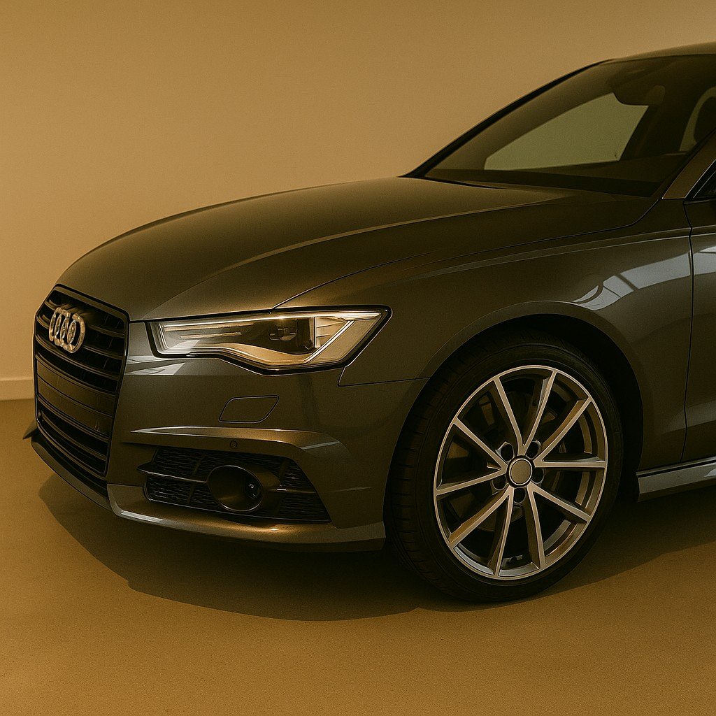Glanzende grijze sedan in een detailingstudio met warme verlichting en een perfect gepolijste lak.