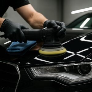 Een detailer polijst de motorkap van een zwarte auto met een polijstmachine, terwijl een blauwe microvezeldoek naast hem ligt.