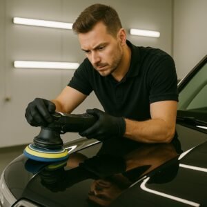 Een professionele autodetailer polijst zorgvuldig het oppervlak van een zwarte auto met een polijstmachine in een goed verlichte werkplaats.