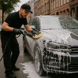 Autopoetser reinigt grijze auto met spons en schuim op straat; grondige handwas met zorg en precisie.