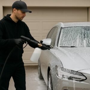 Professionele autodetailer spuit schuim op een zilverkleurige auto tijdens een handwas op locatie, met een foam lance en zachte belichting.