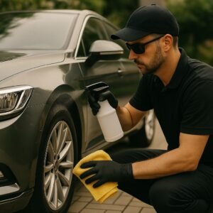 Een professionele autodetailer poetst de buitenkant van een grijze auto met een sprayfles en een gele microvezeldoek op een oprit.