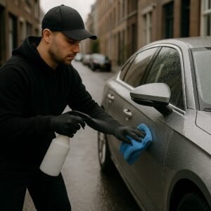 Autopoetser reinigt de zijkant van een grijze auto op een regenachtige straat met een blauwe microvezeldoek en een sprayfles.